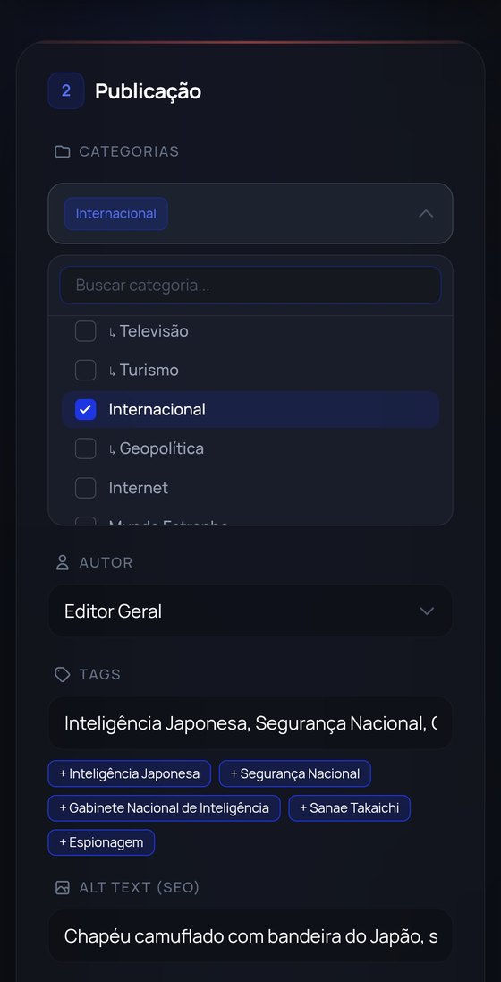 Tela de publicação com categorias, autor e tags